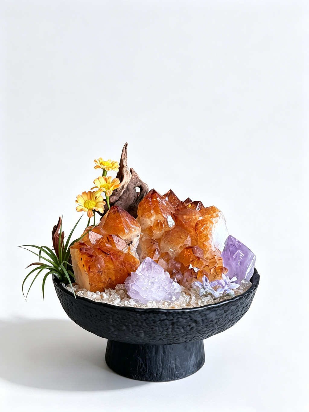 one-of-one crystal garden with deep amber citrine, amethyst, air plant; front view on pure white background.
