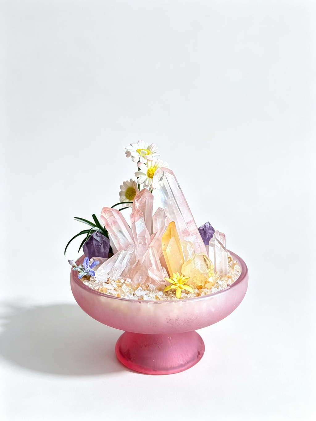 one-of-one crystal garden with tangerine quartz pillar, red quartz cluster, golden calcite plates, green fluorite, air plant; front view on pure white background.