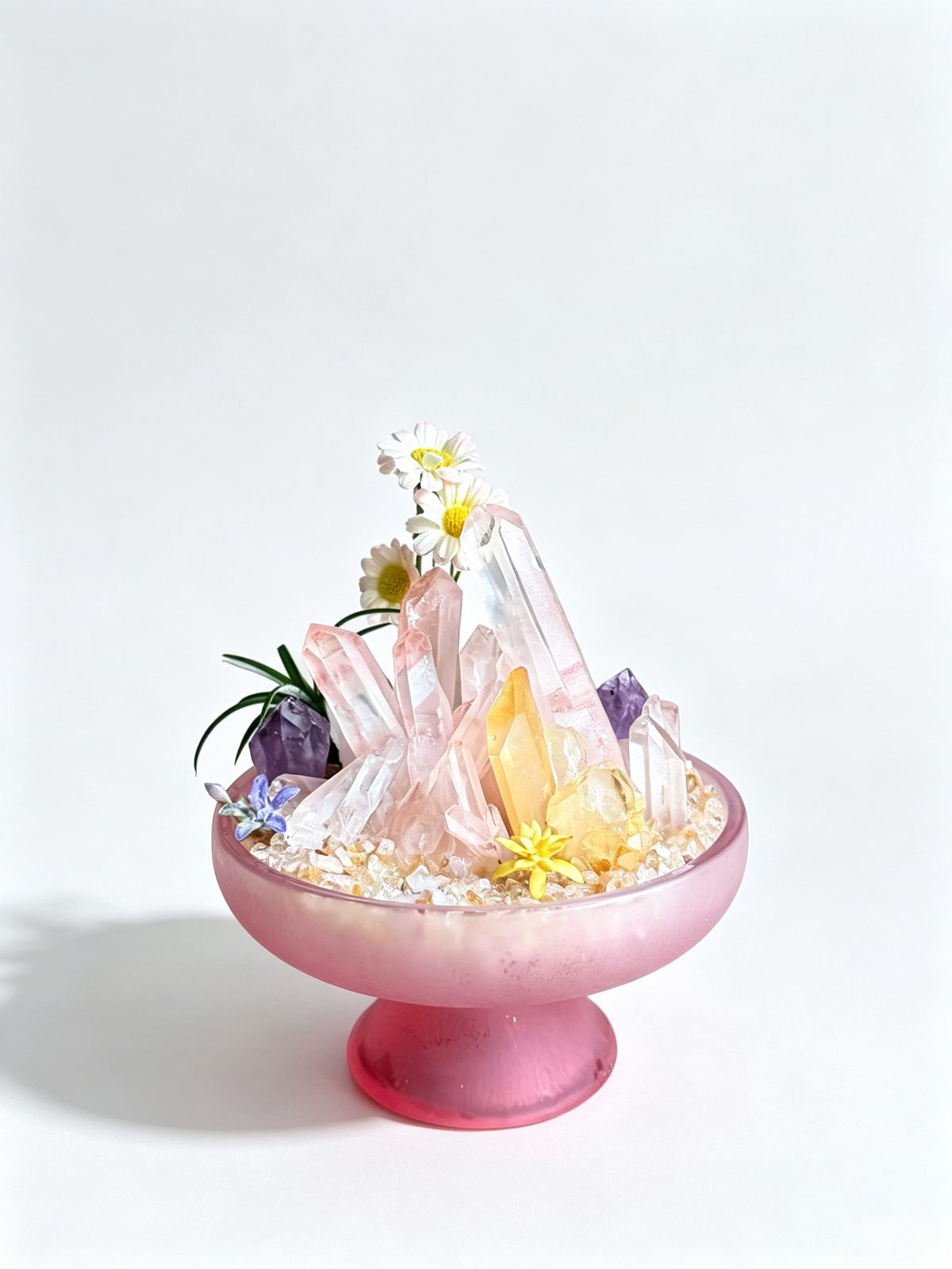 one-of-one crystal garden with tangerine quartz pillar, red quartz cluster, golden calcite plates, green fluorite, air plant; front view on pure white background.