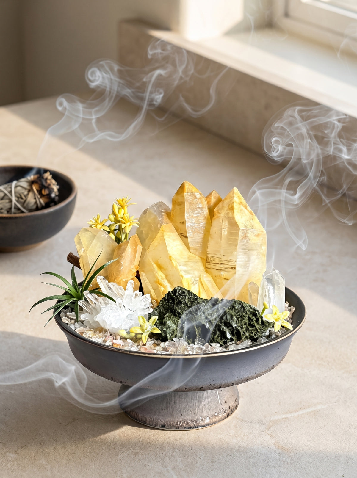 white sage smoke purification scene, styled setting.
