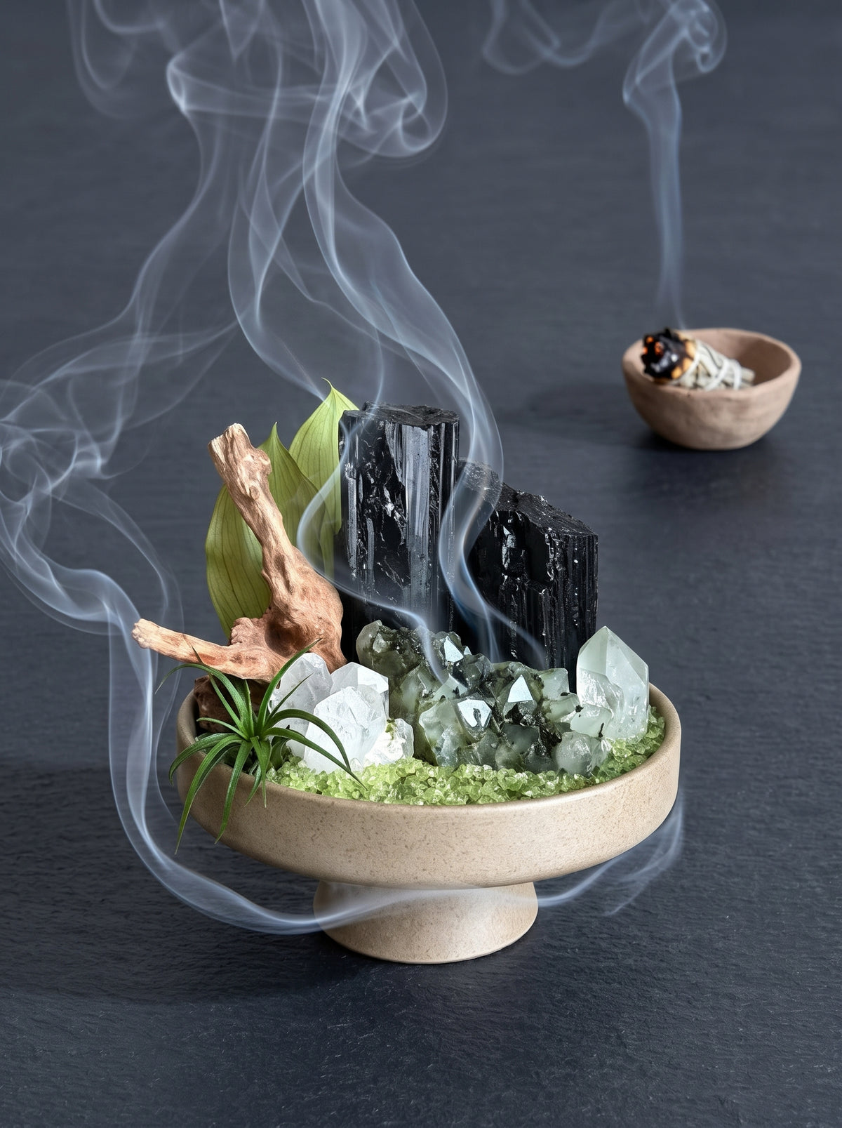 white sage smoke purification scene, styled setting.