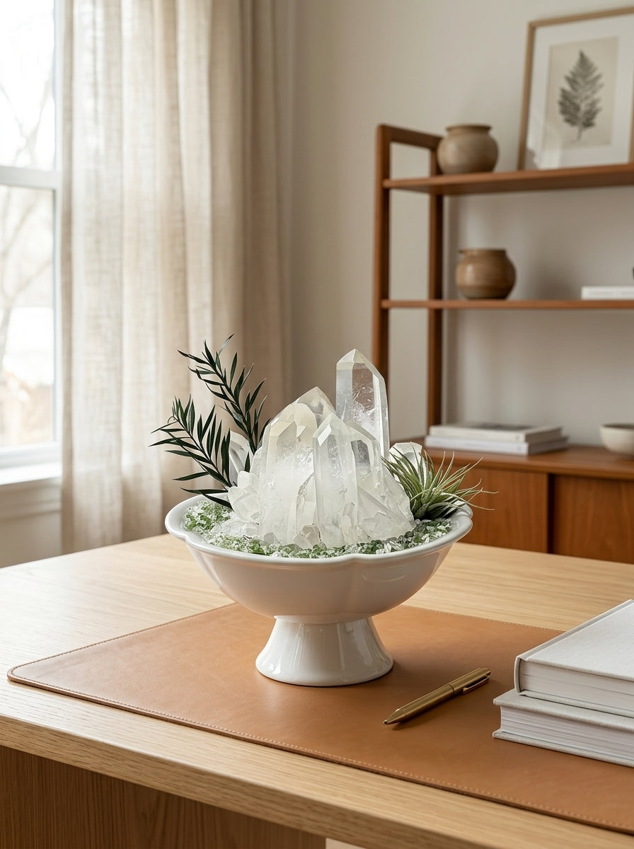 Towering clear quartz crystal cluster centerpiece styled on a wooden home office desk in natural sunlight for mental clarity and focus