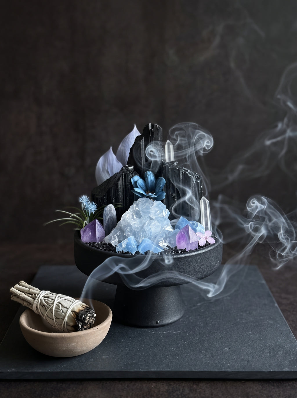 white sage smoke purification scene, styled setting.