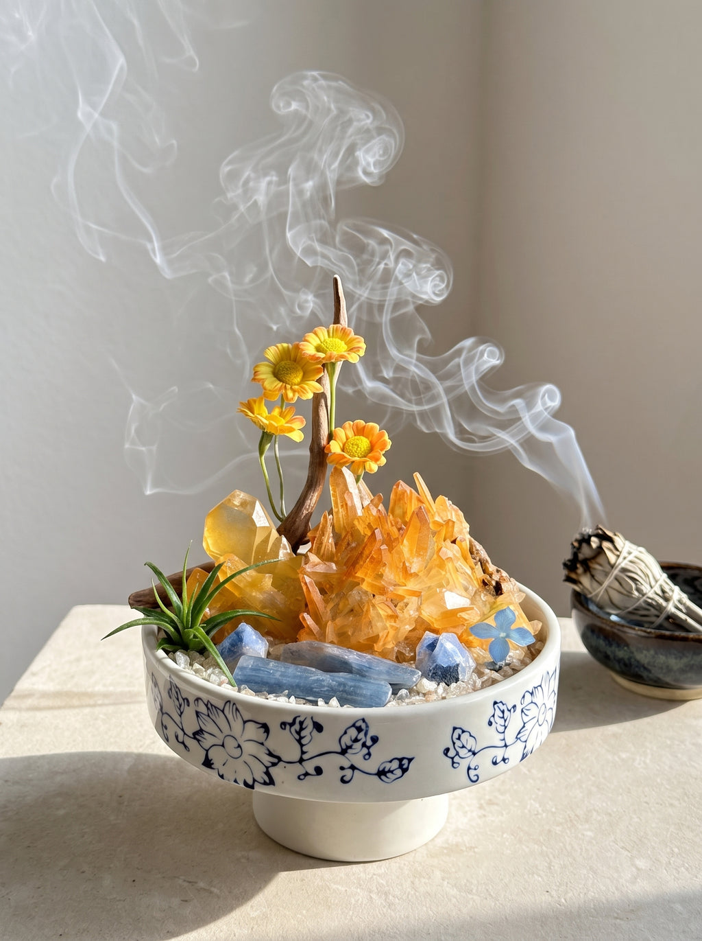white sage smoke purification scene, styled setting.