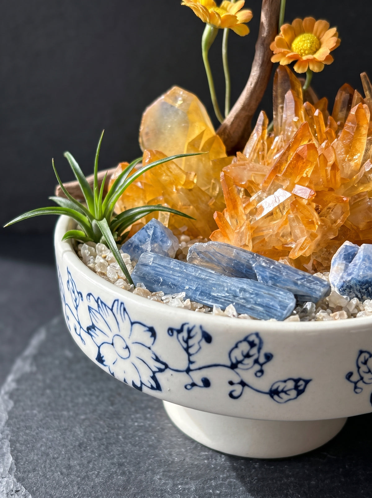 displayed on natural stone, styled setting.