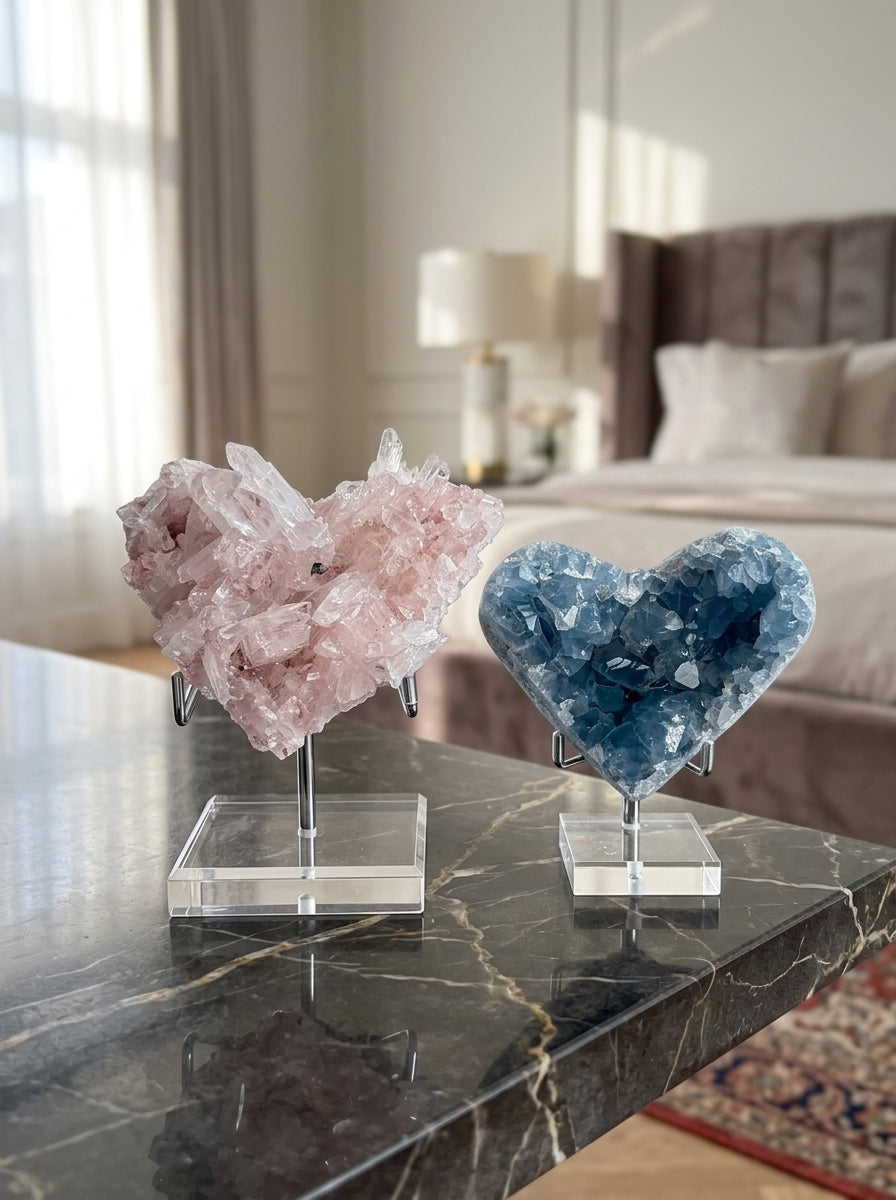 The Unspoken Chapter: The Equinox - Heart Celestite & Pink Quartz Dual Sculpture