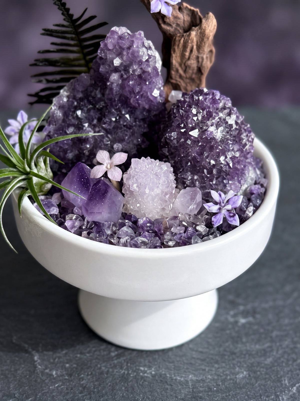 macro detail of the crystals, styled setting.

