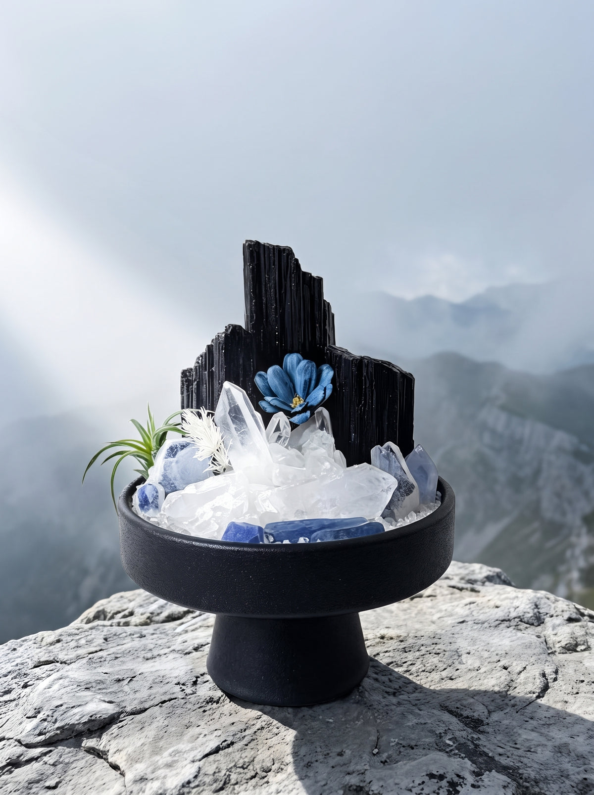 displayed on natural stone, styled setting.