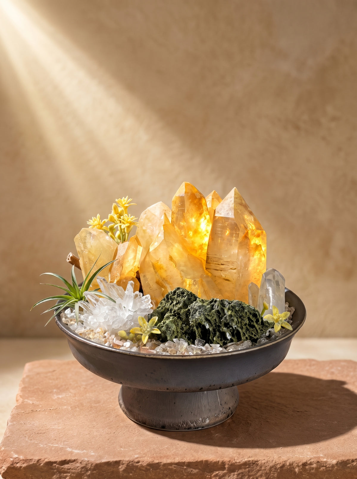 displayed on natural stone, styled setting.