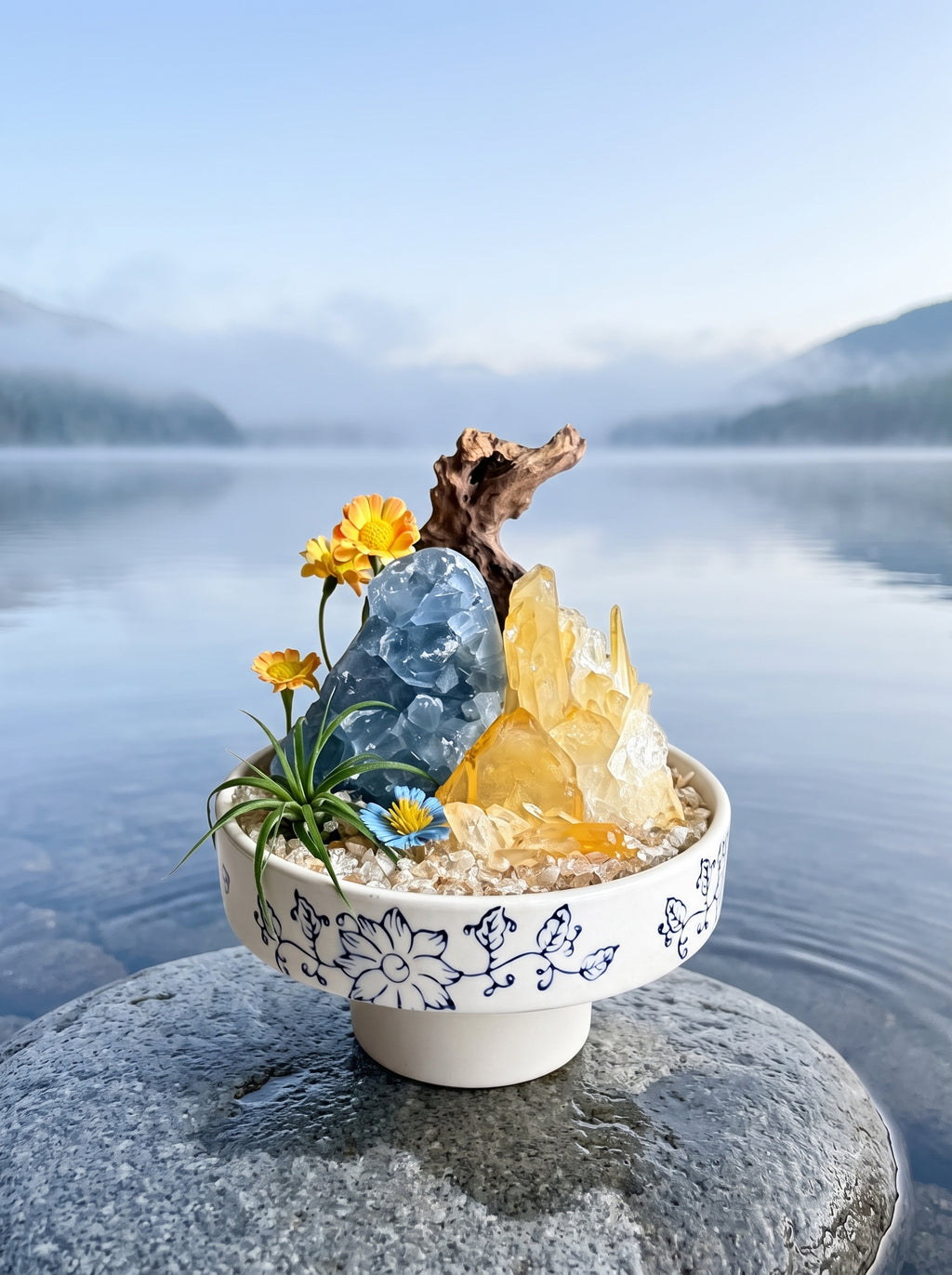 displayed on natural stone, styled setting.
