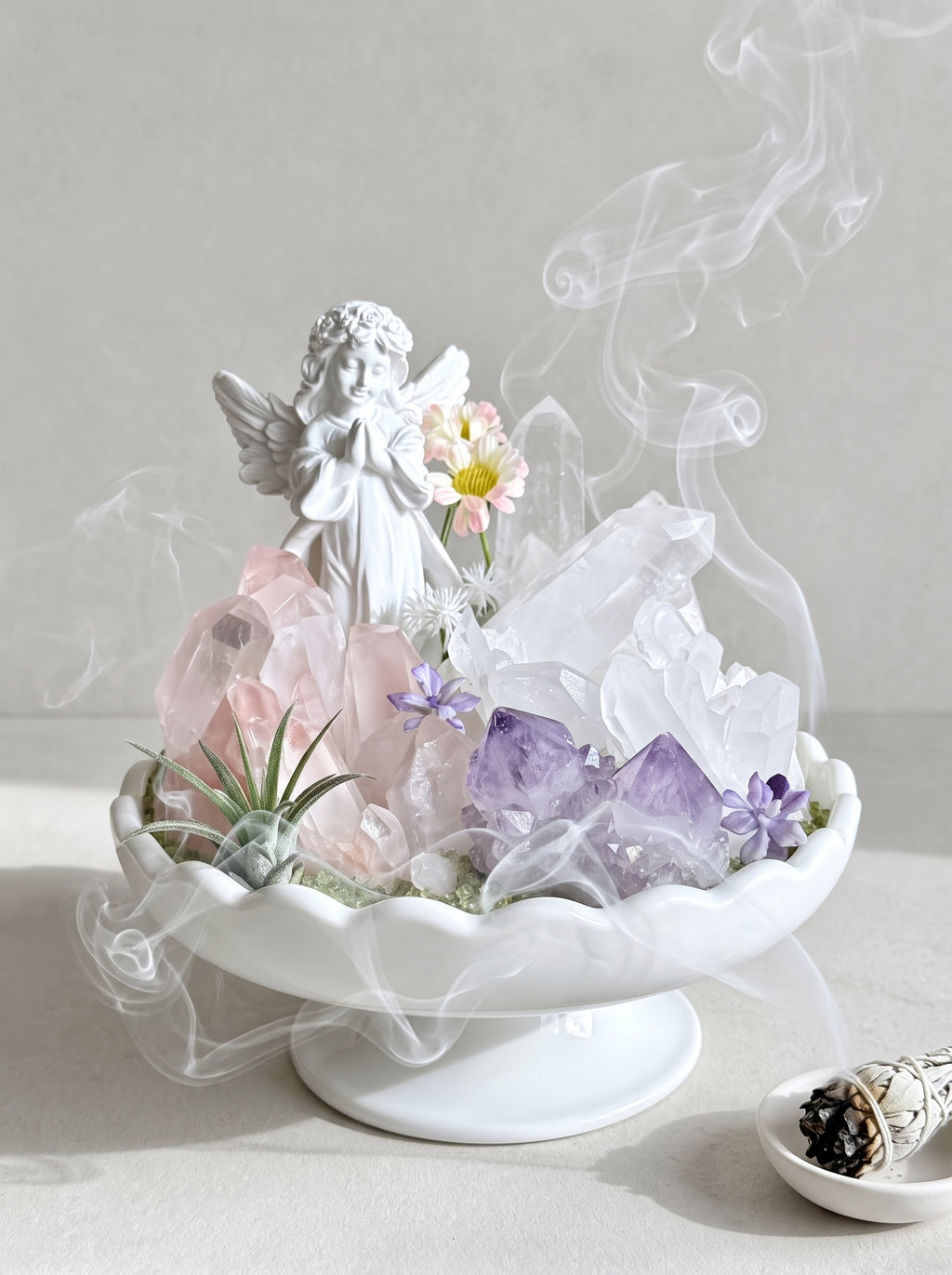  white sage smoke purification scene, styled setting.
