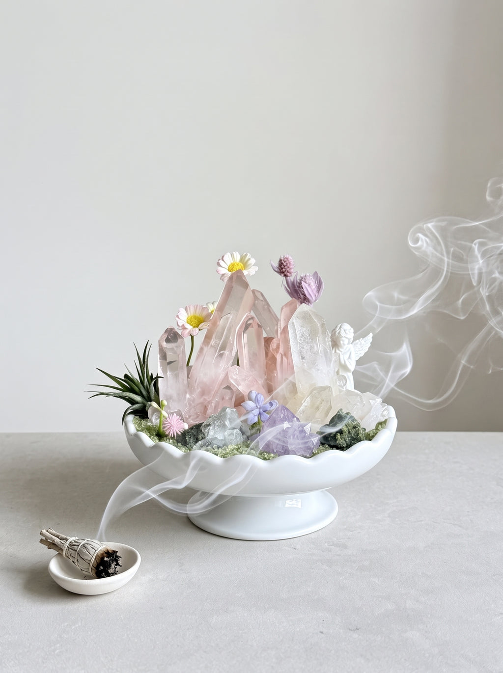white sage smoke purification scene, styled setting.
