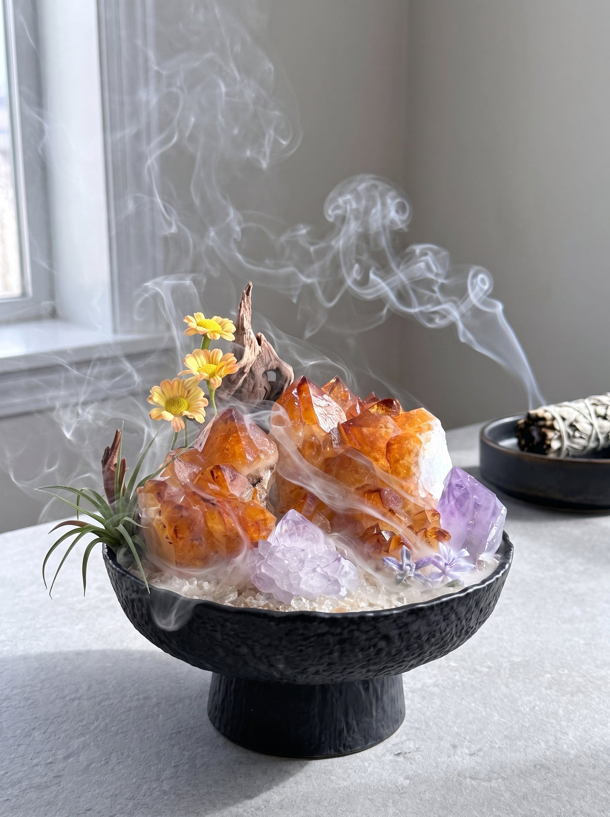  white sage smoke purification scene, styled setting.
