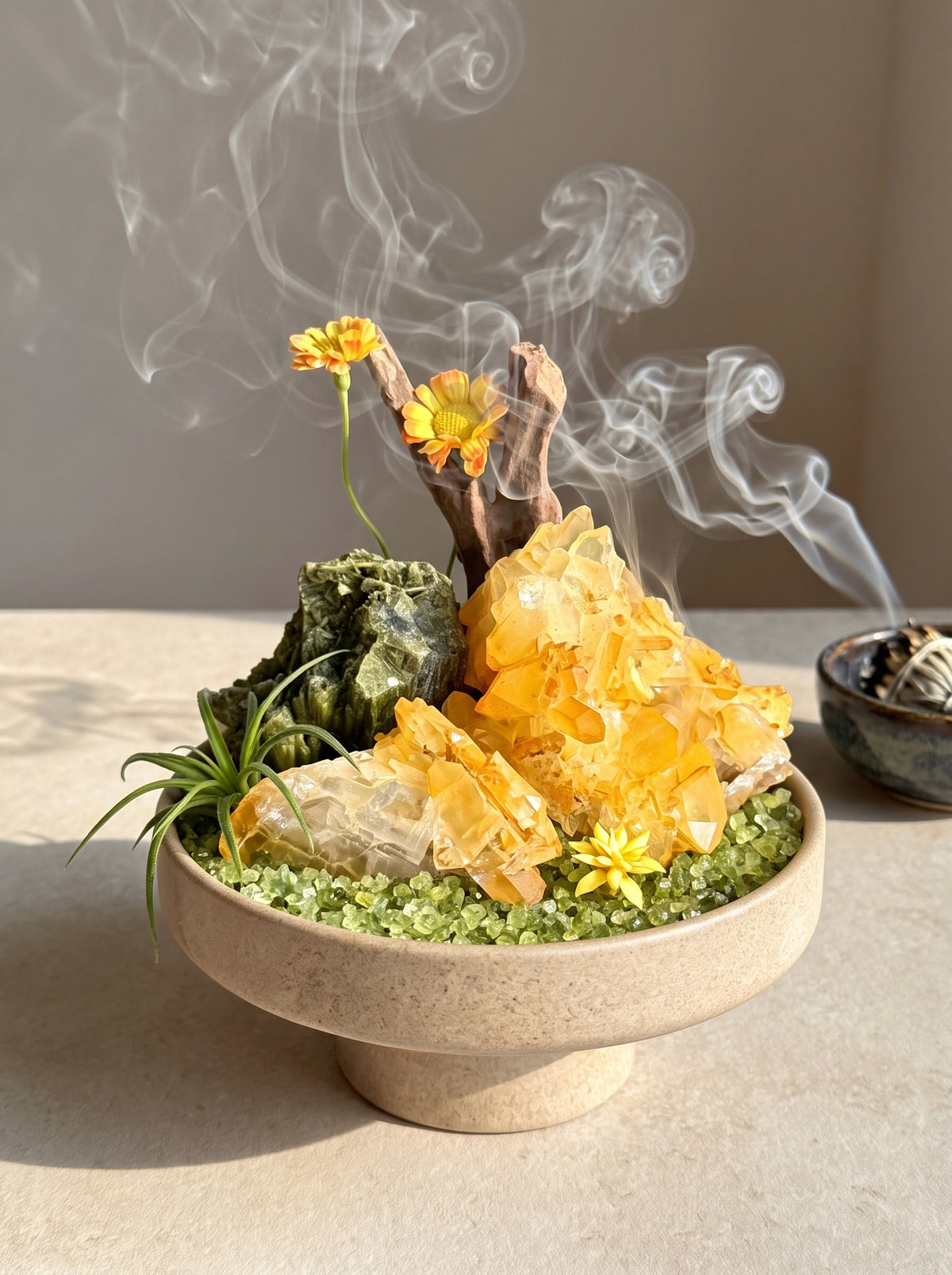 white sage smoke purification scene, styled setting.