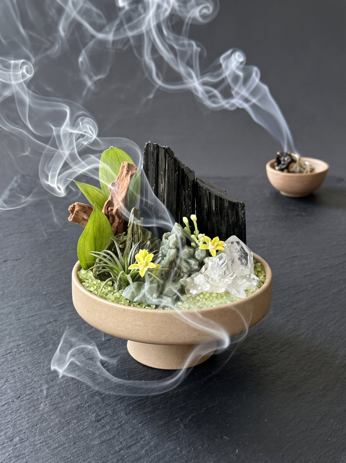 white sage smoke purification scene, styled setting.

