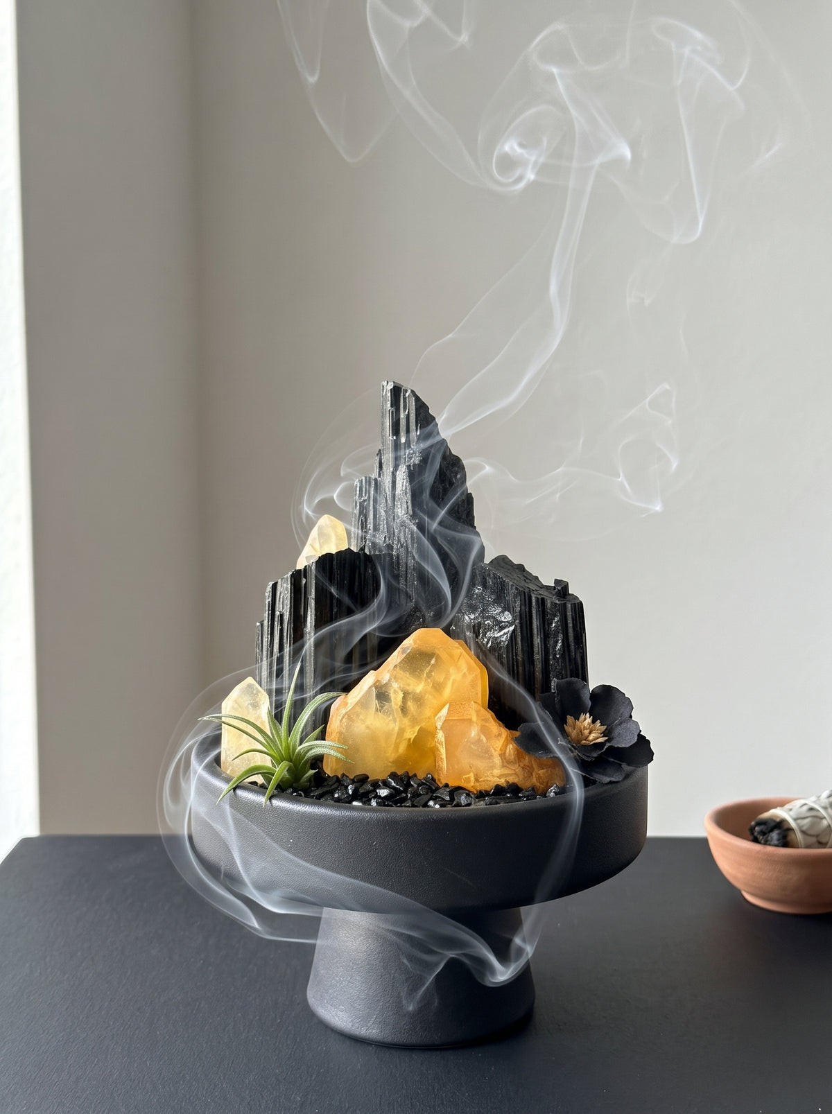  white sage smoke purification scene, styled setting.
