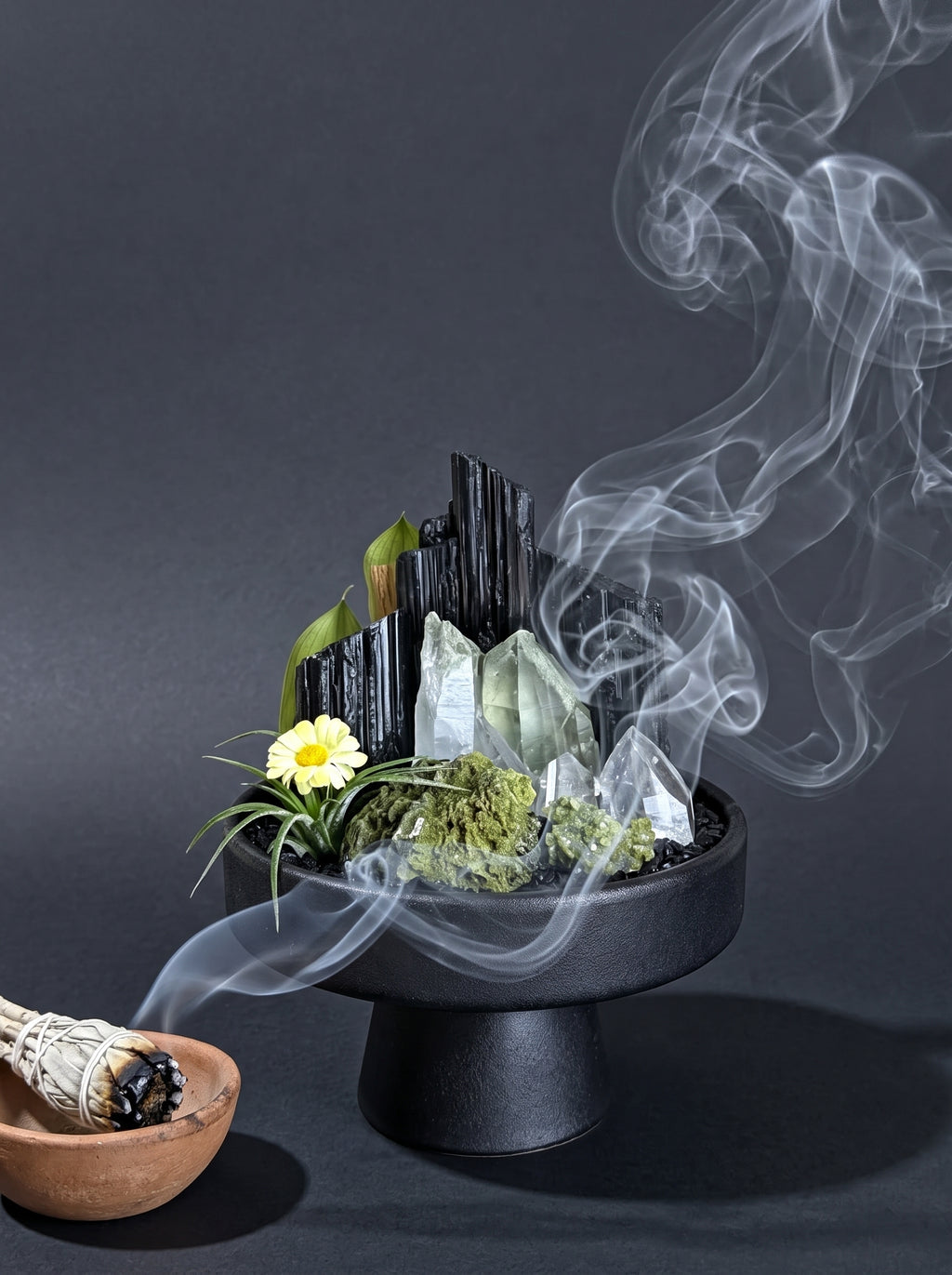 white sage smoke purification scene, styled setting.