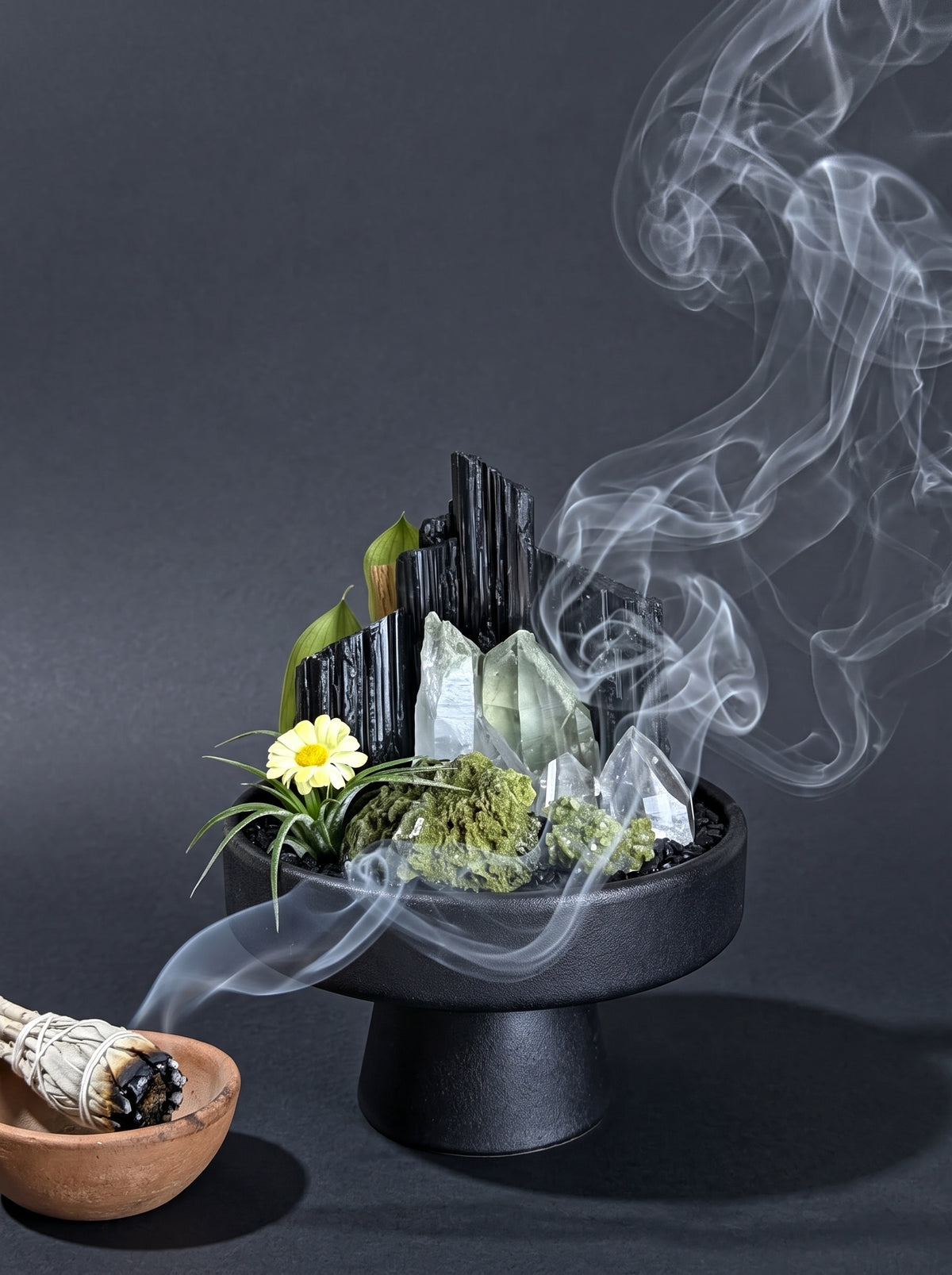 white sage smoke purification scene, styled setting.