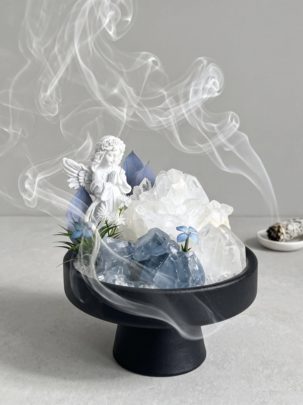 white sage smoke purification scene, styled setting.