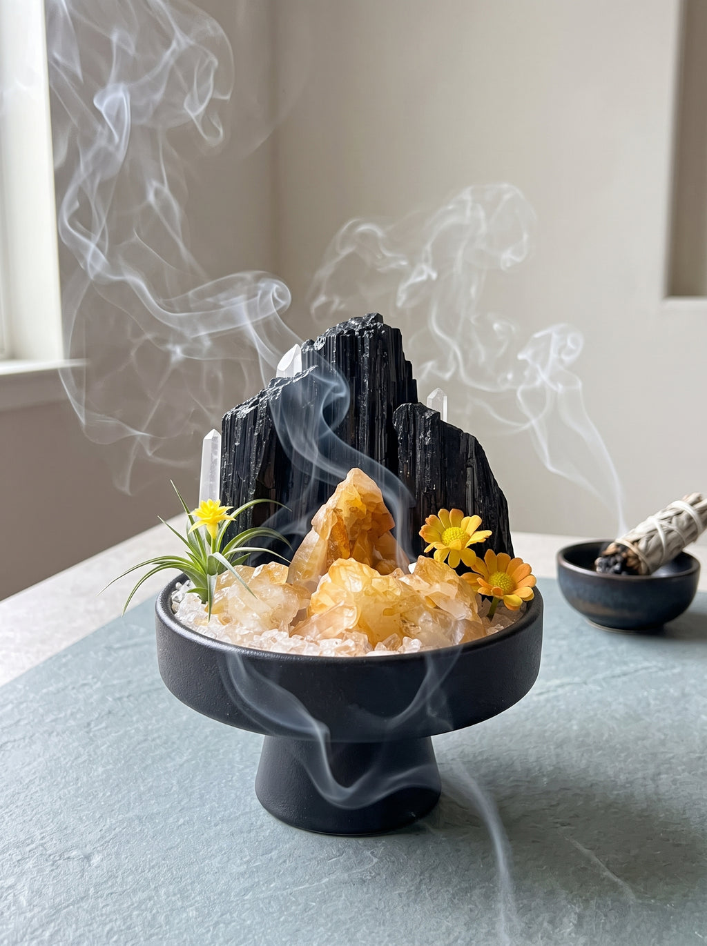 white sage smoke purification scene, styled setting.
