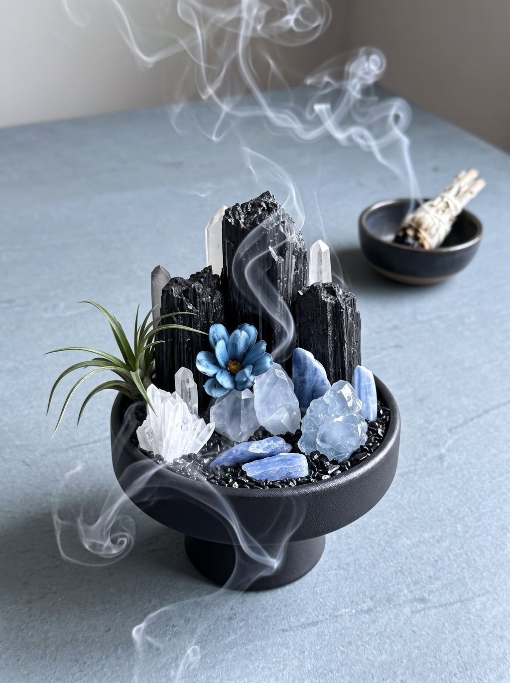 white sage smoke purification scene, styled setting.