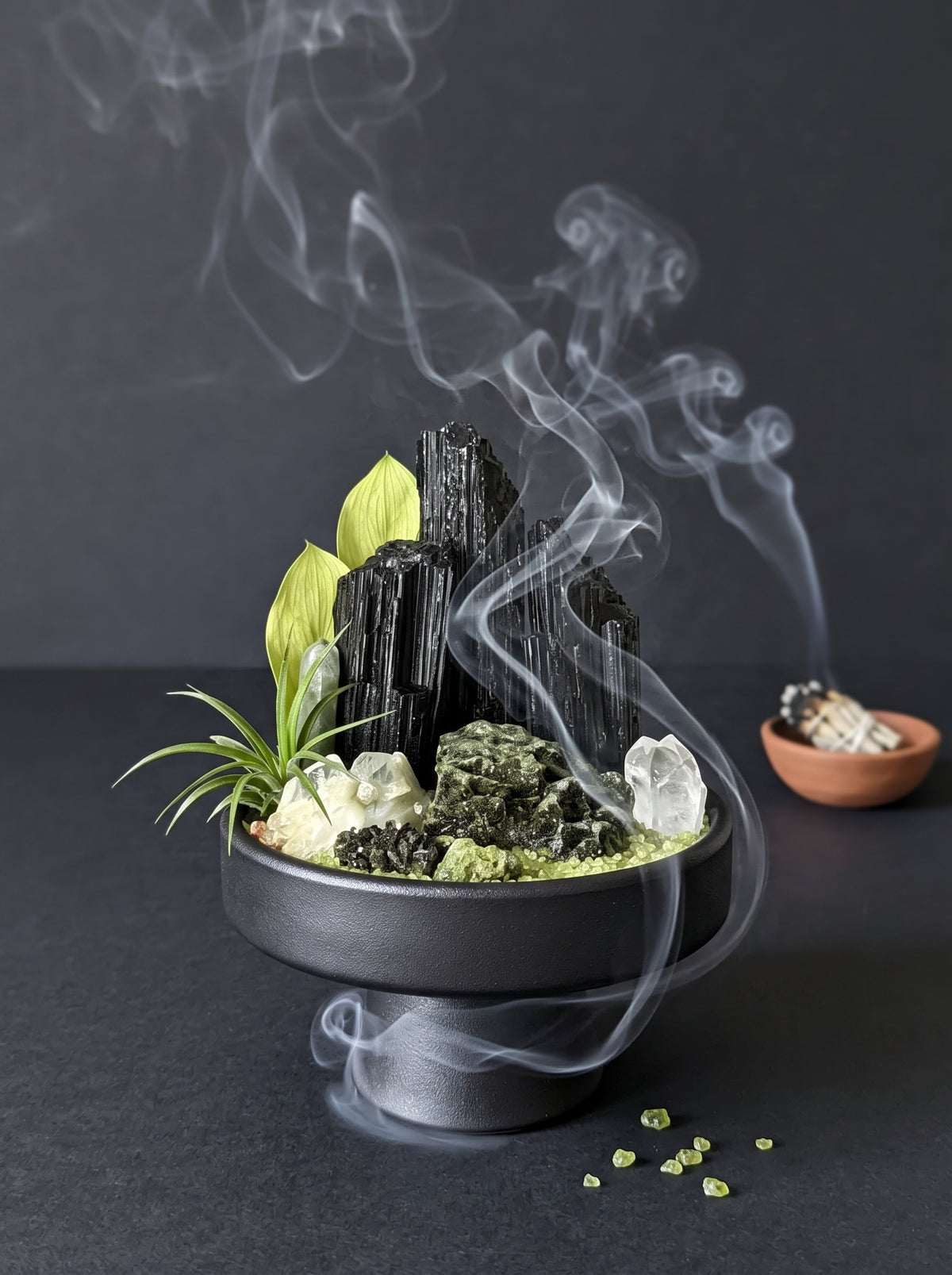 white sage smoke purification scene, styled setting.
