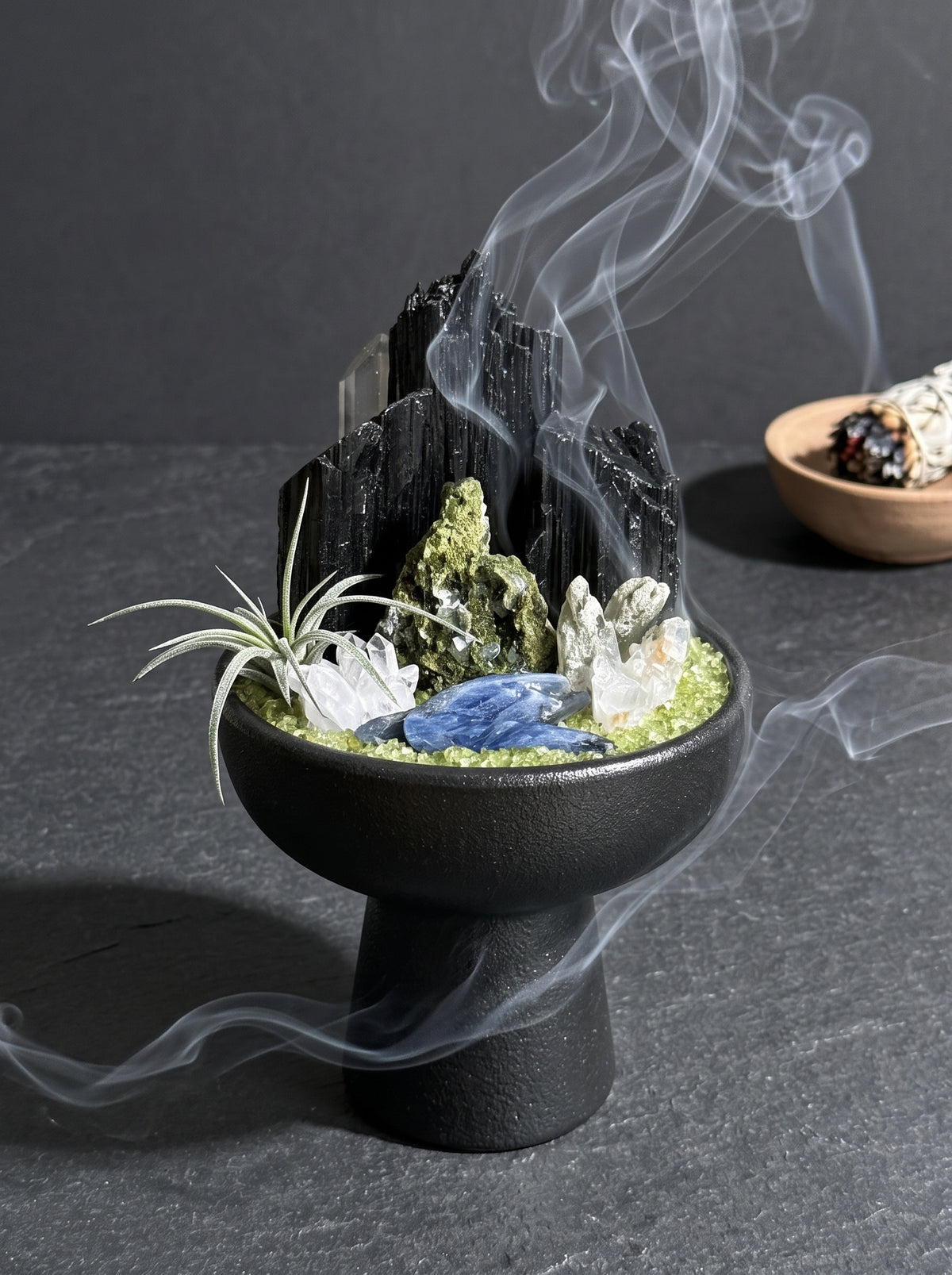 white sage smoke purification scene, styled setting.