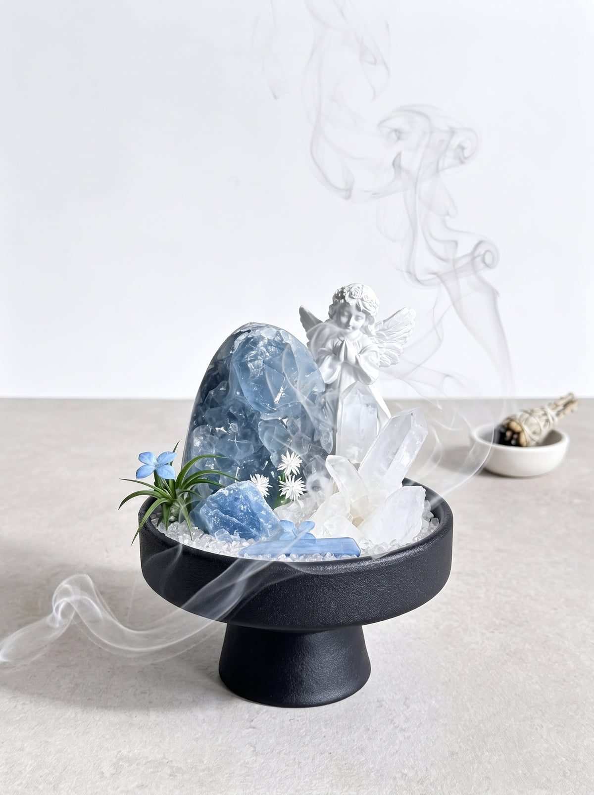 white sage smoke purification scene, styled setting.
