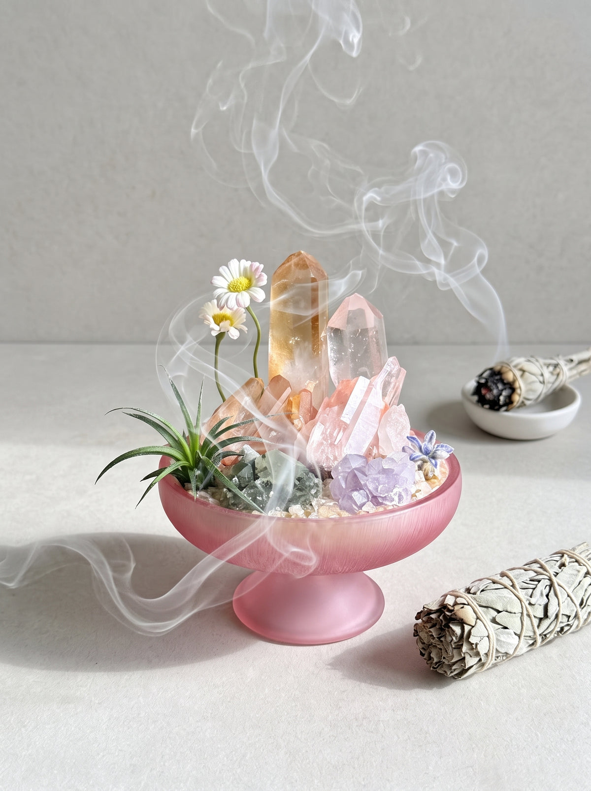 white sage smoke purification scene, styled setting.
