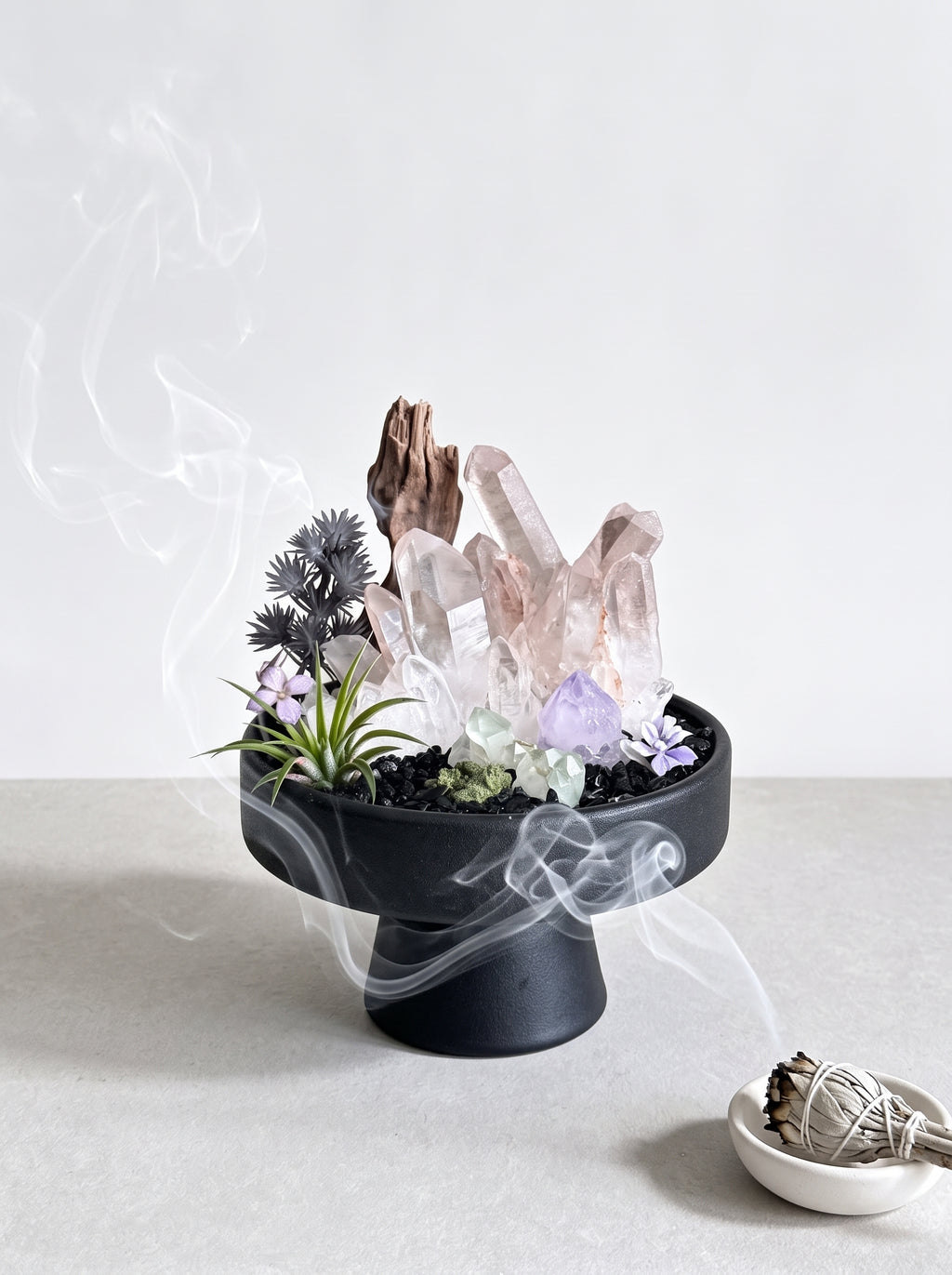 white sage smoke purification scene, styled setting.