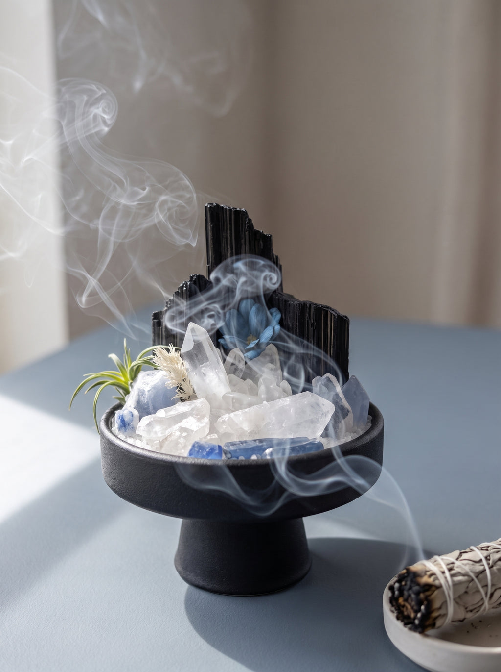 white sage smoke purification scene, styled setting.

