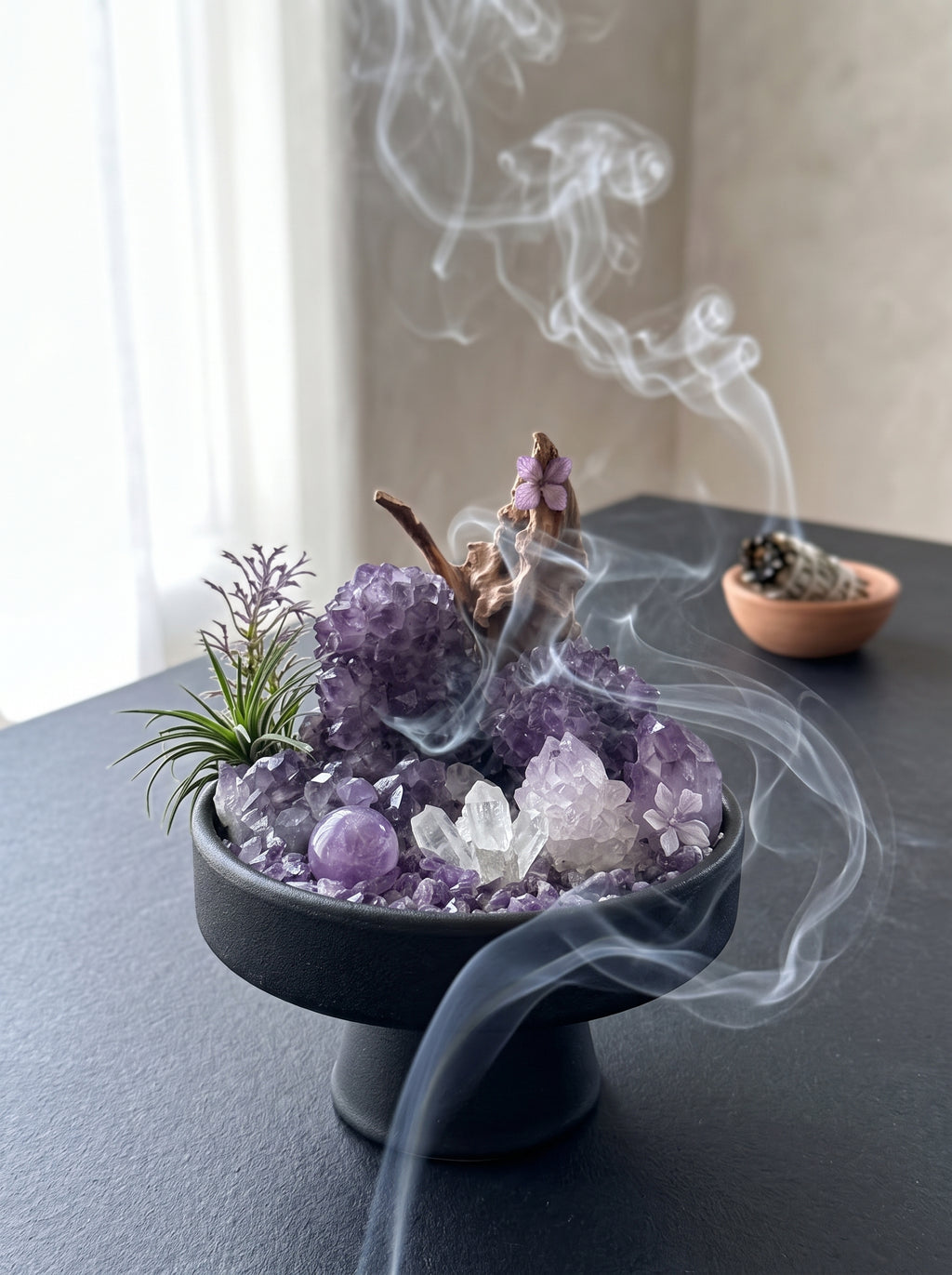 white sage smoke purification scene, styled setting.