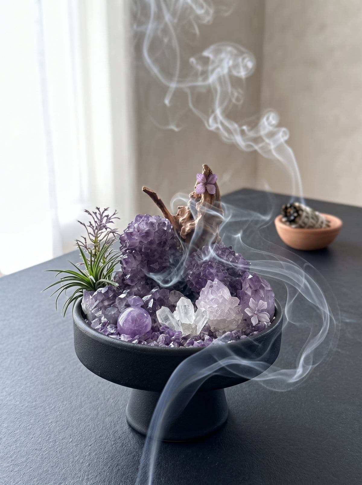 white sage smoke purification scene, styled setting.
