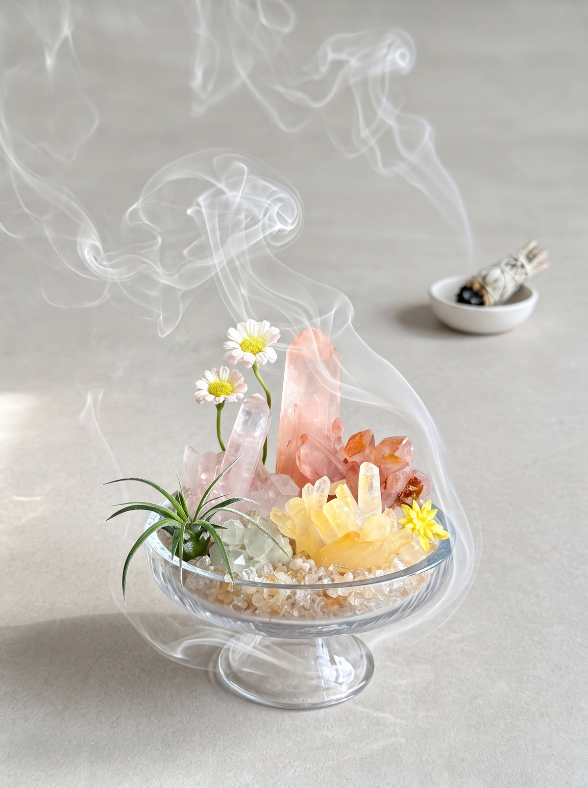 white sage smoke purification scene, styled setting.