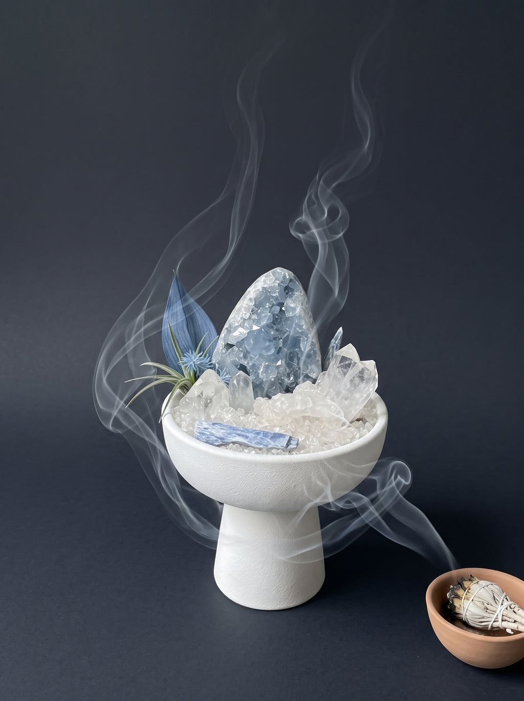 white sage smoke purification scene, styled setting.