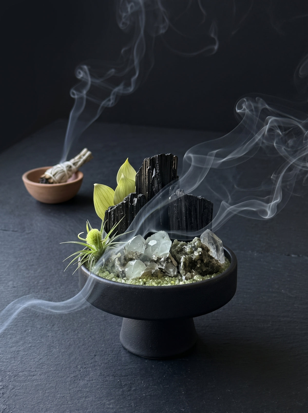 white sage smoke purification scene, styled setting.
