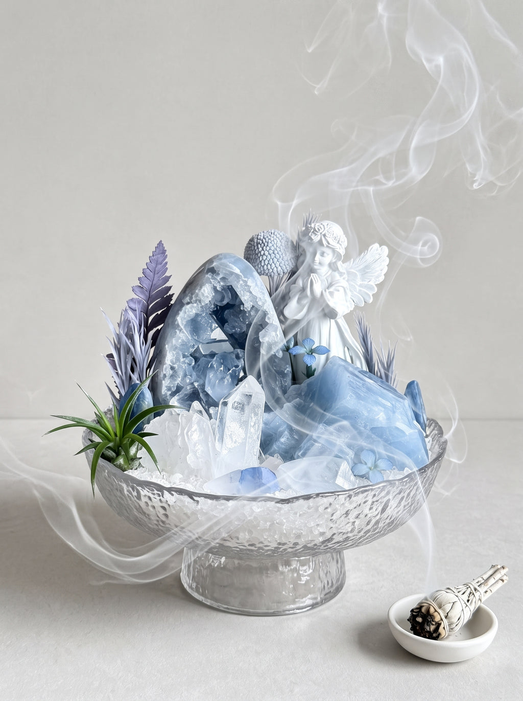 white sage smoke purification scene, styled setting.