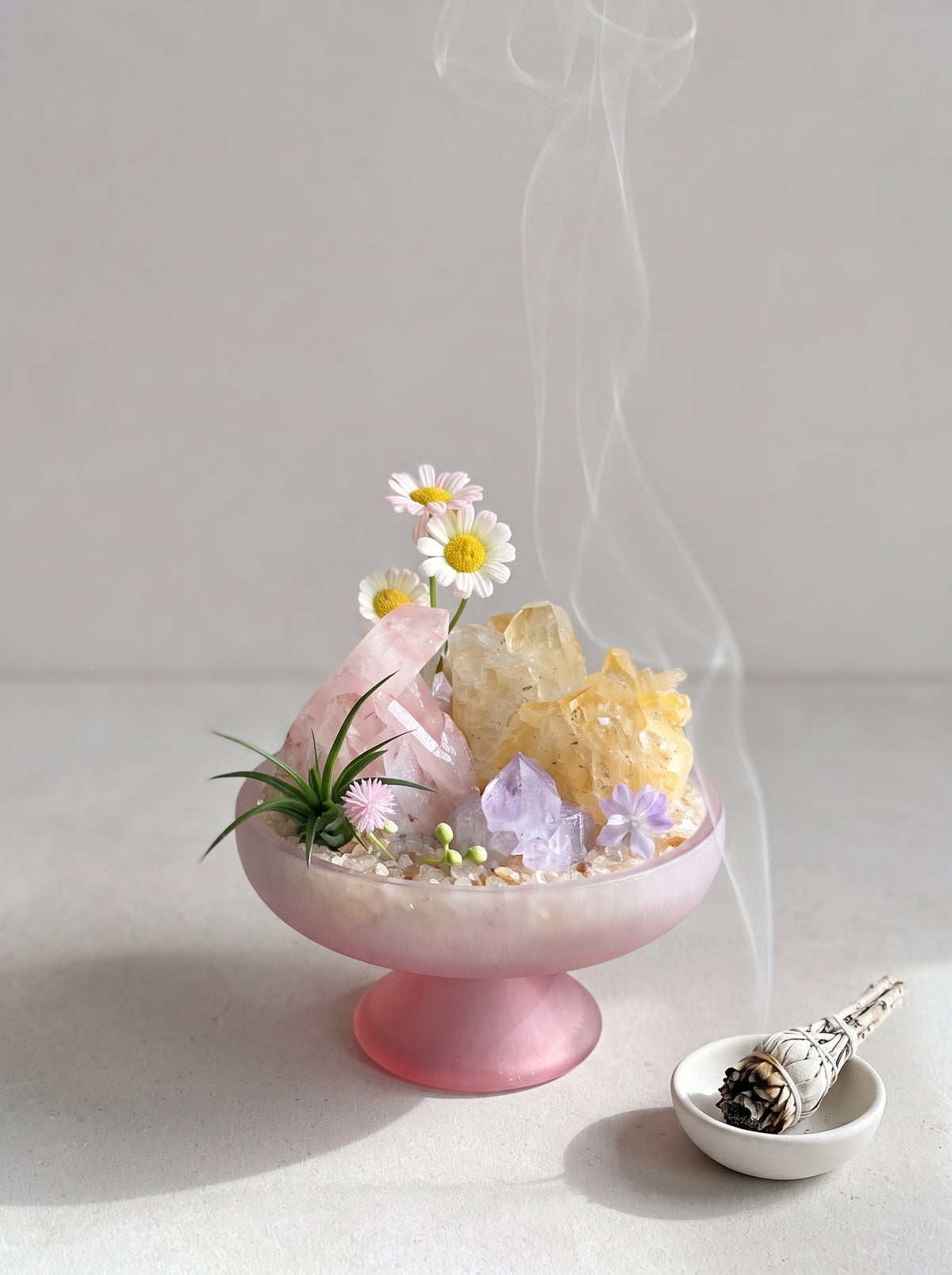 white sage smoke purification scene, styled setting.