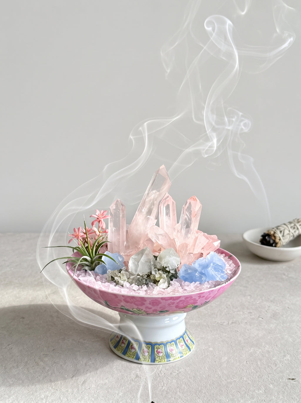 white sage smoke purification scene, styled setting.
