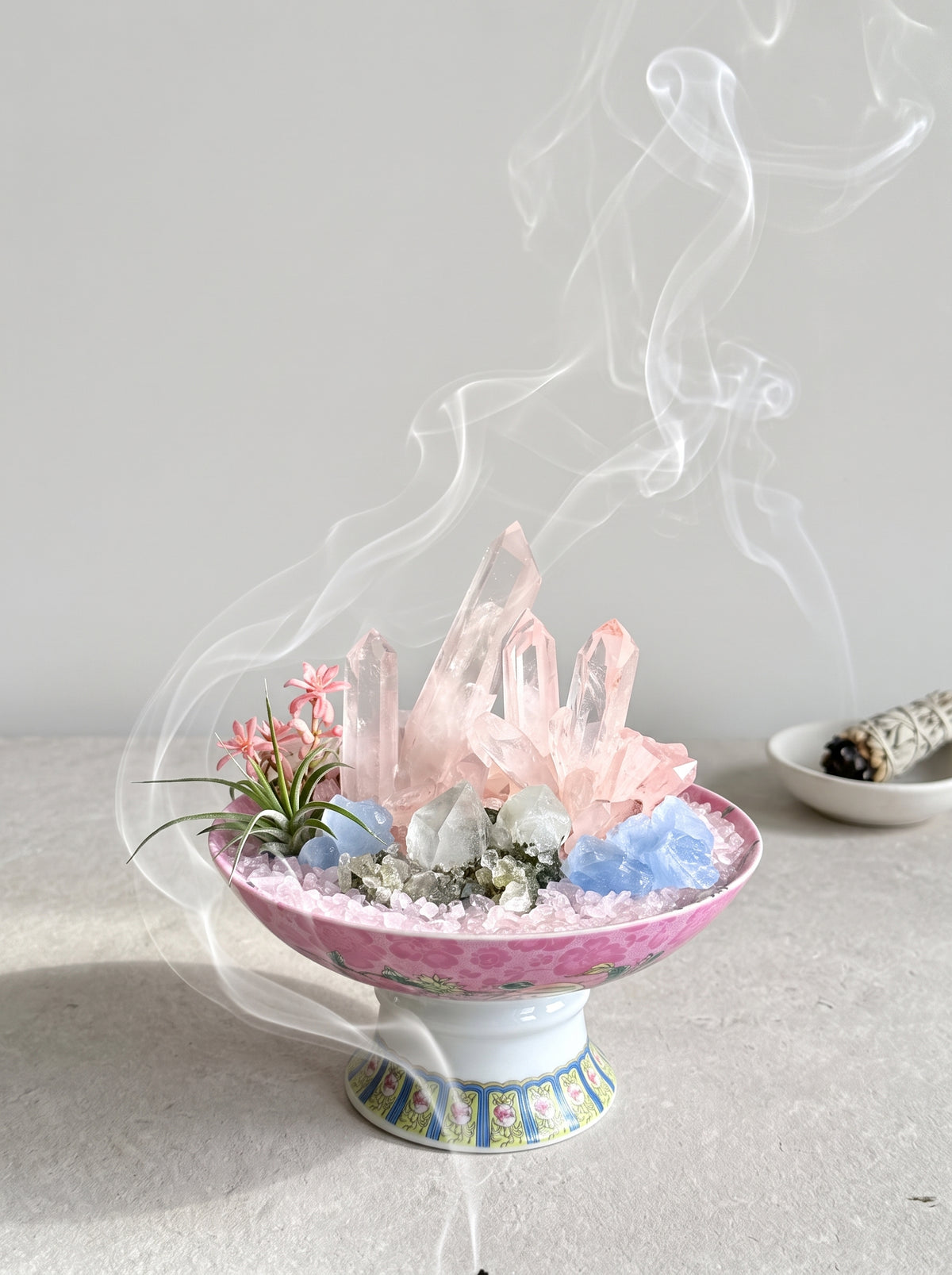 white sage smoke purification scene, styled setting.