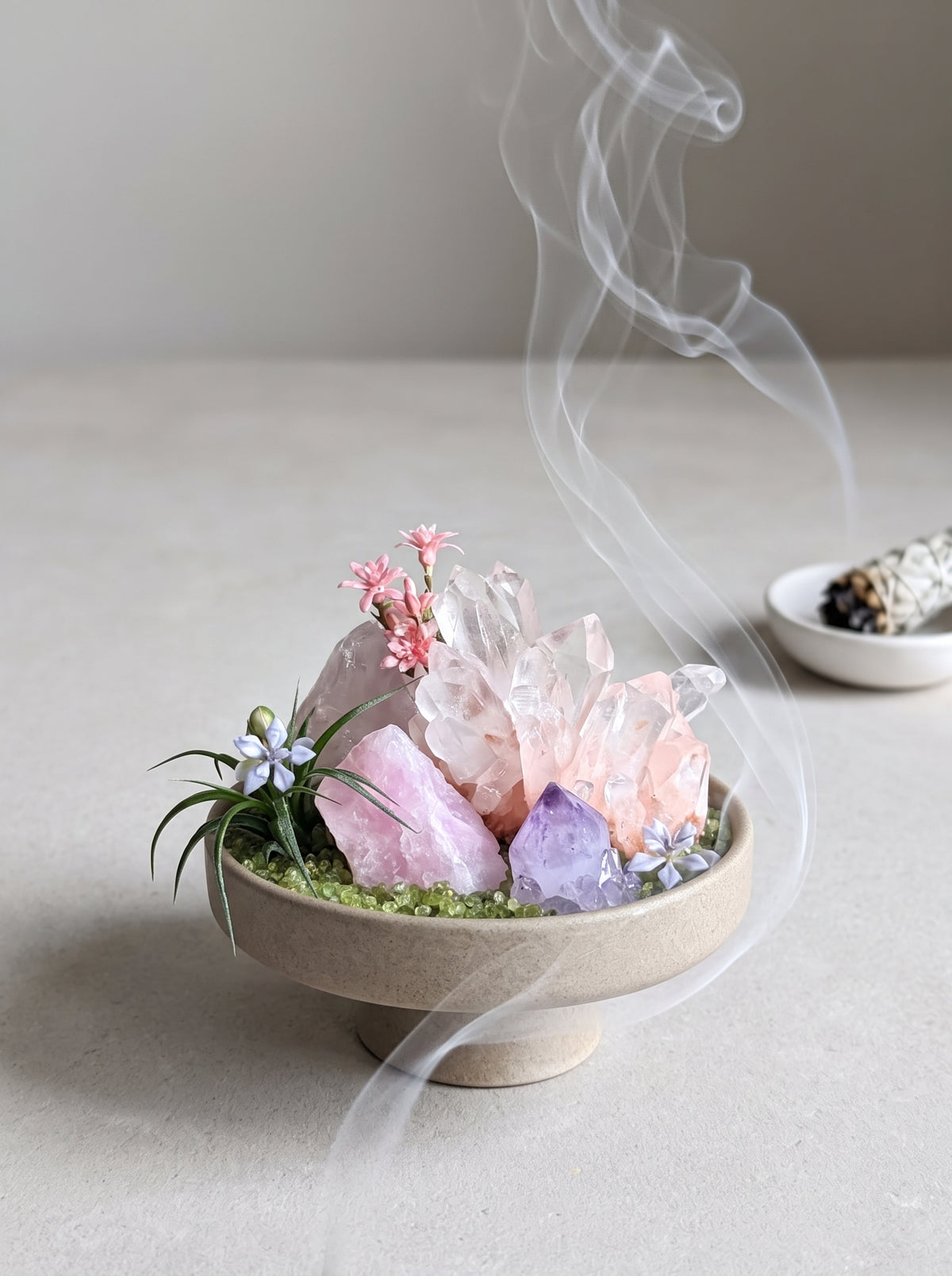  white sage smoke purification scene, styled setting.
