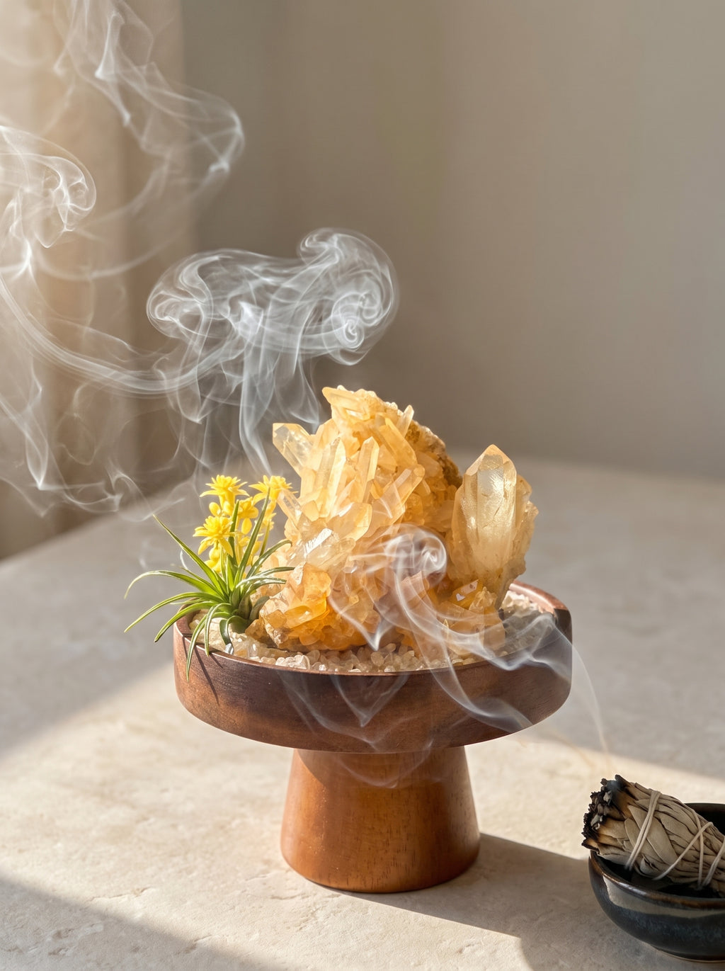 white sage smoke purification scene, styled setting.