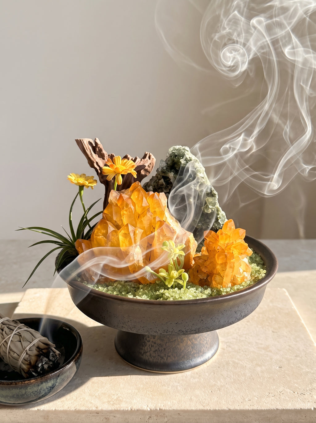 white sage smoke purification scene, styled setting.
