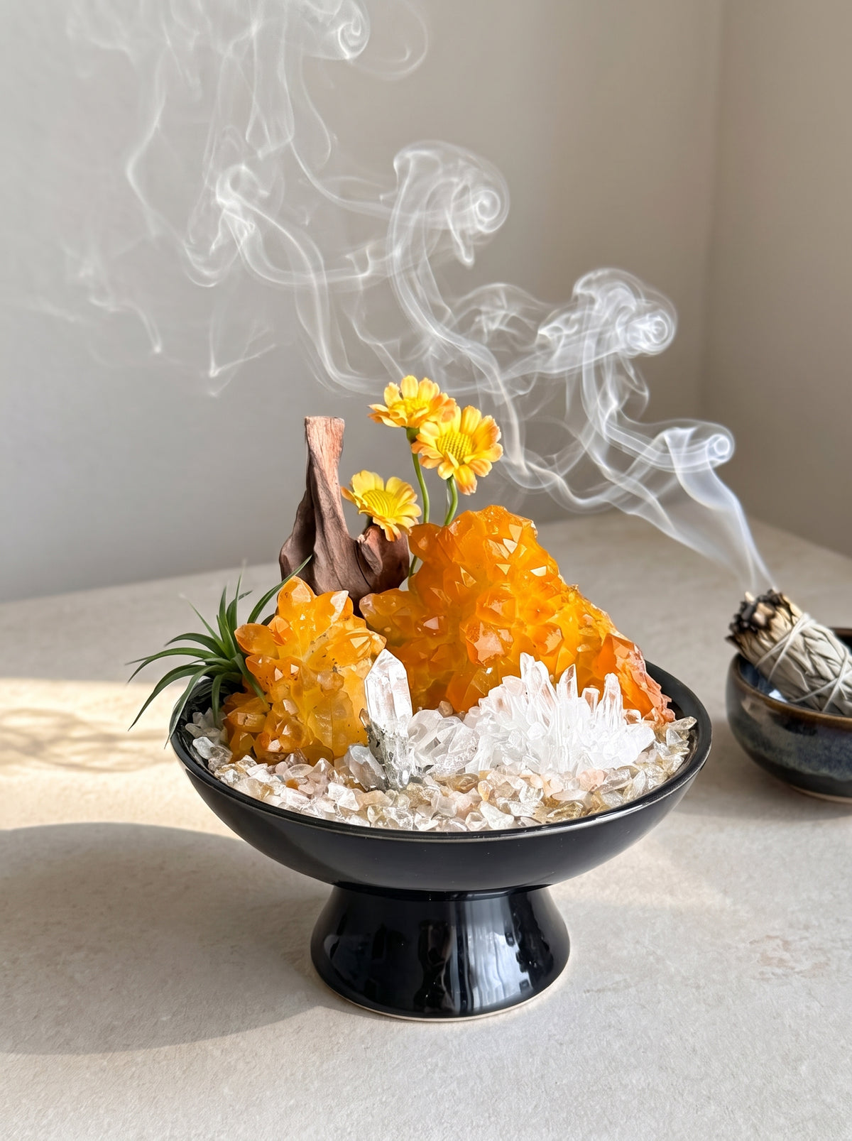 white sage smoke purification scene, styled setting.
