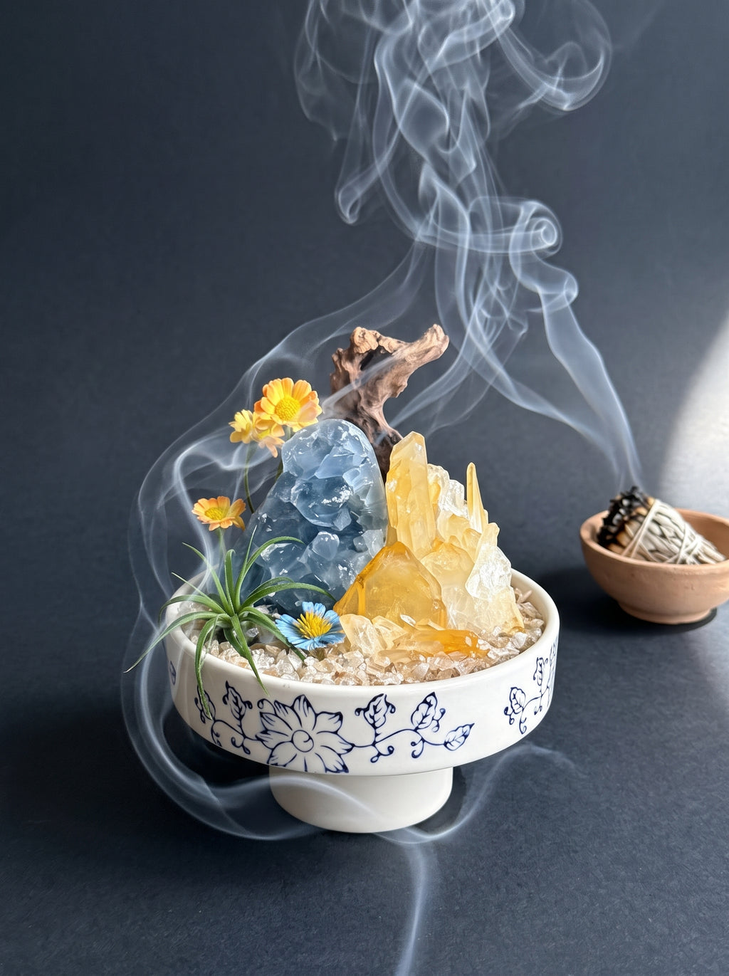 white sage smoke purification scene, styled setting.