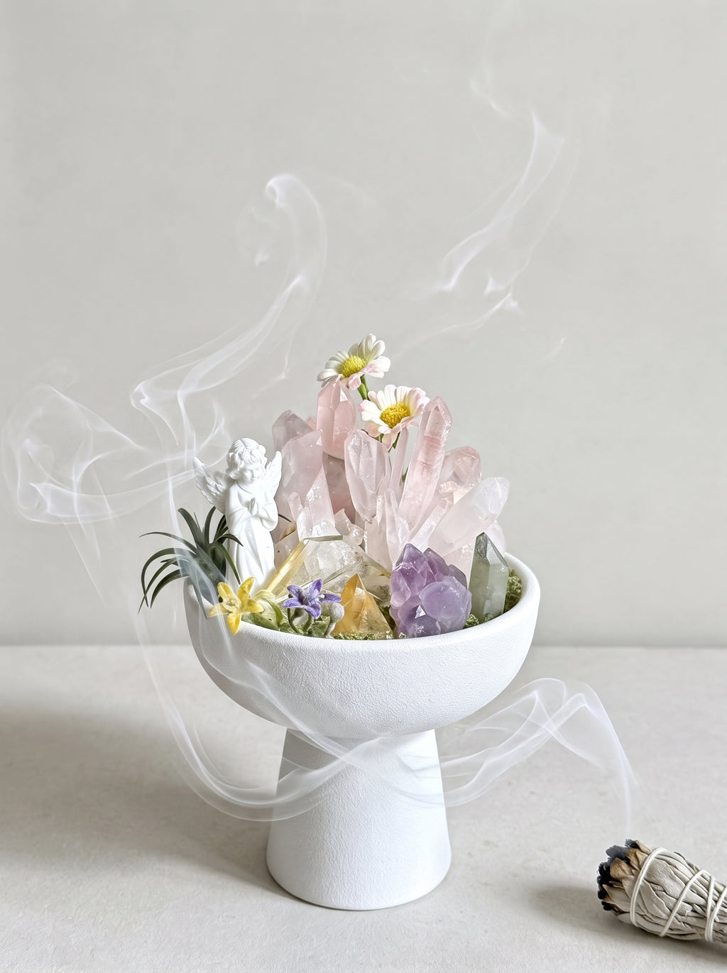 white sage smoke purification scene, styled setting.
