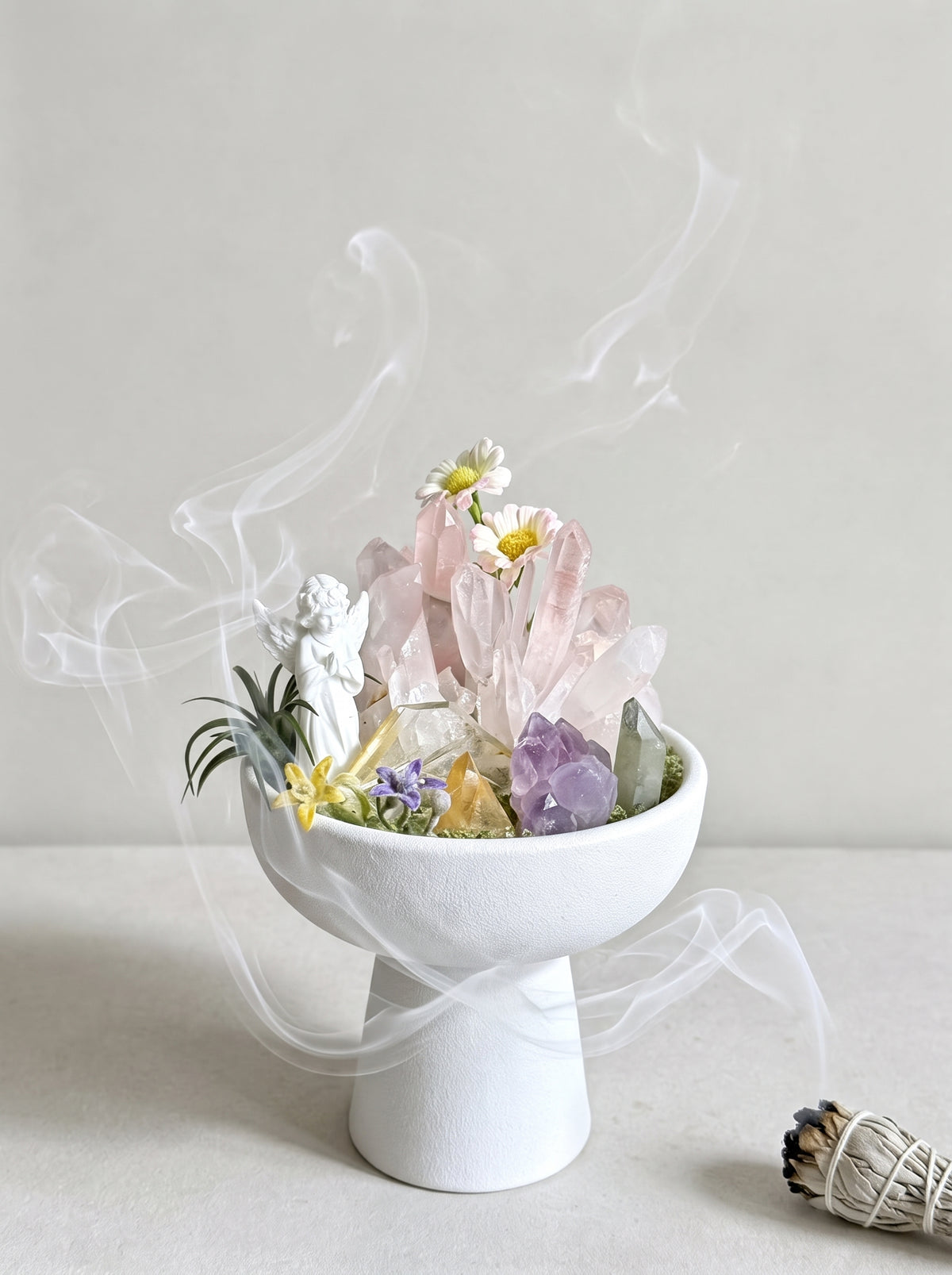 white sage smoke purification scene, styled setting.