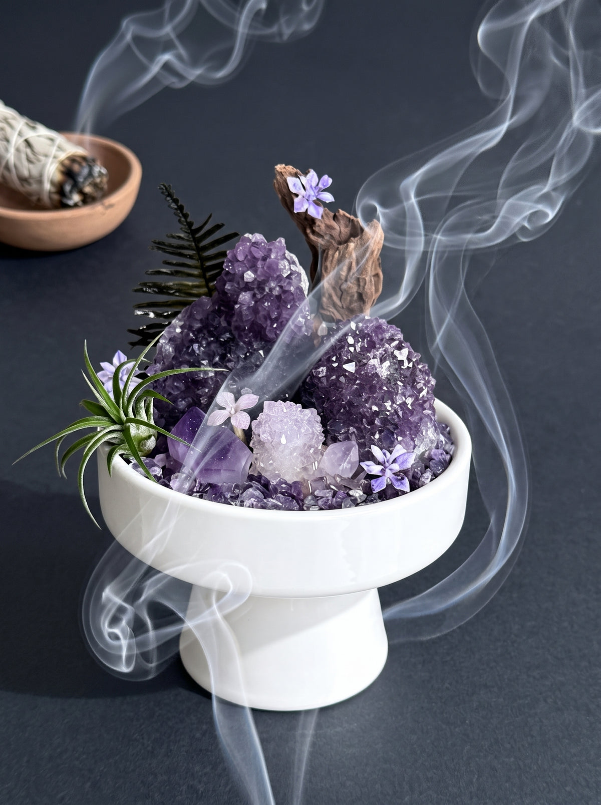 white sage smoke purification scene, styled setting.
