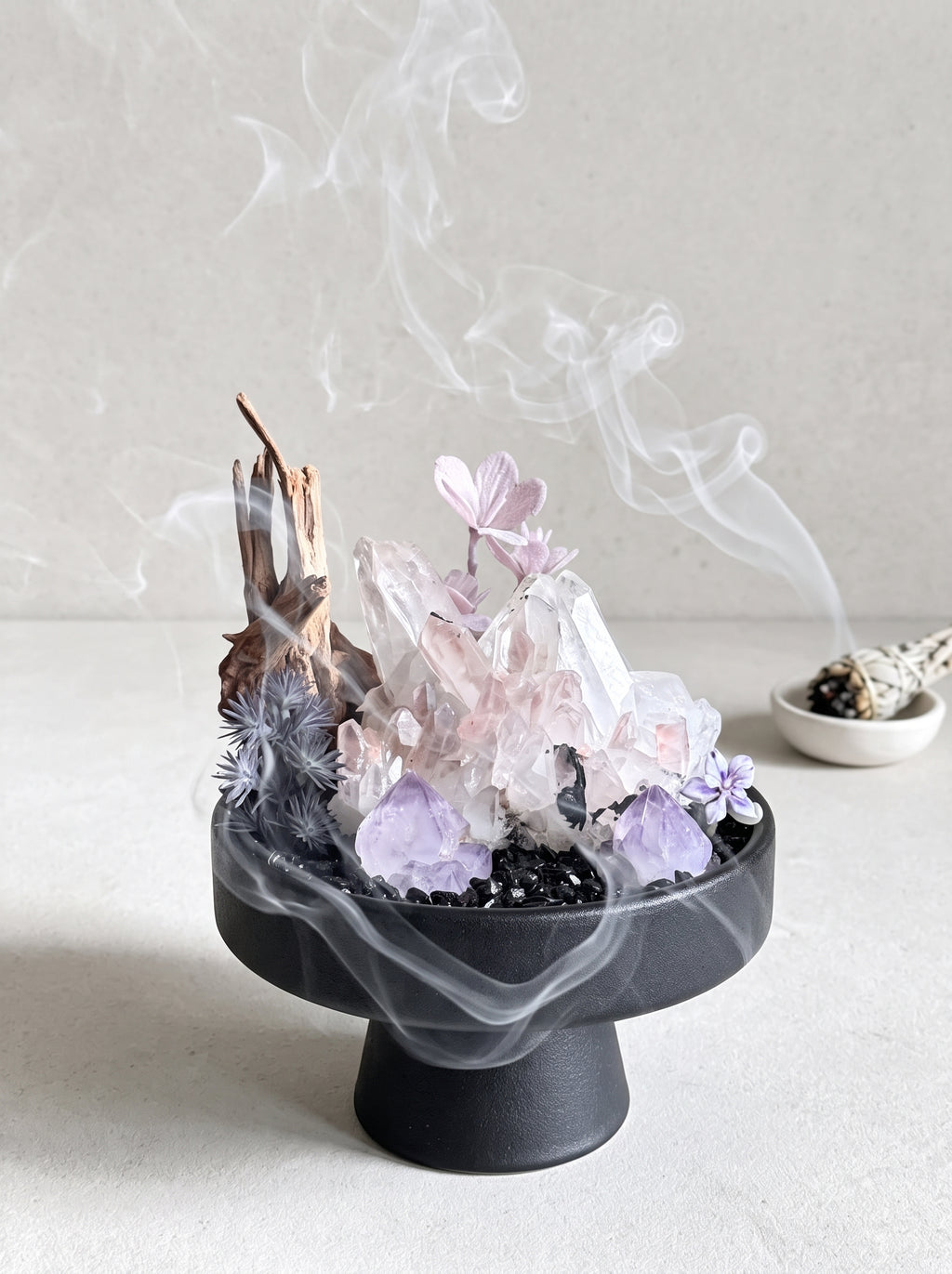 white sage smoke purification scene, styled setting.