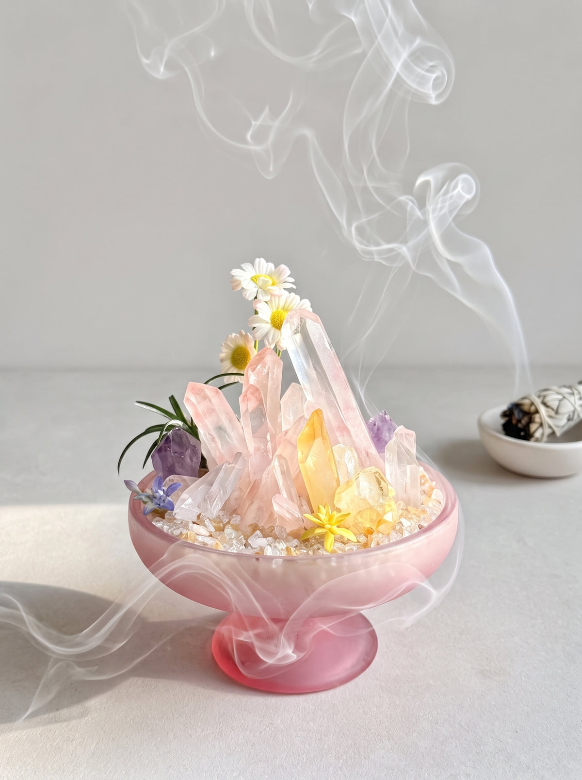  white sage smoke purification scene, styled setting.